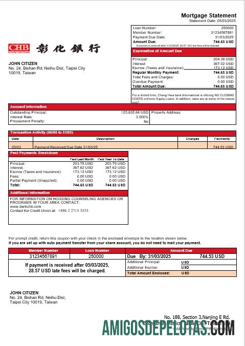 Extrato de hipoteca do Taiwan Chang Hwa Bank em formatos Word e PDF exemplo real